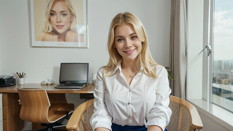 Very attractive blonde woman in a white blouse. blue eyes, facing the camera. In an expensive appartment. Sitting in an office chair, facing the camera. Smiling.