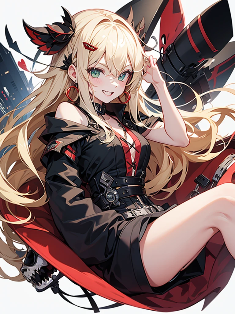 woman、Early 20s、Wicked Smile、Blonde、Long Hair、Green Eyes、Red lens sunglasses、(((Face close-up)))、sexy、sexyなポーズ、Black tube top、Bright red long coat、R-18、City of night