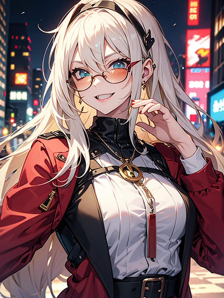 woman、Early 20s、Wicked Smile、Blonde、Long Hair、Green Eyes、Red lens sunglasses、(((Face close-up)))、sexy、sexyなポーズ、Black tube top、Bright red long coat、R-18、City of night