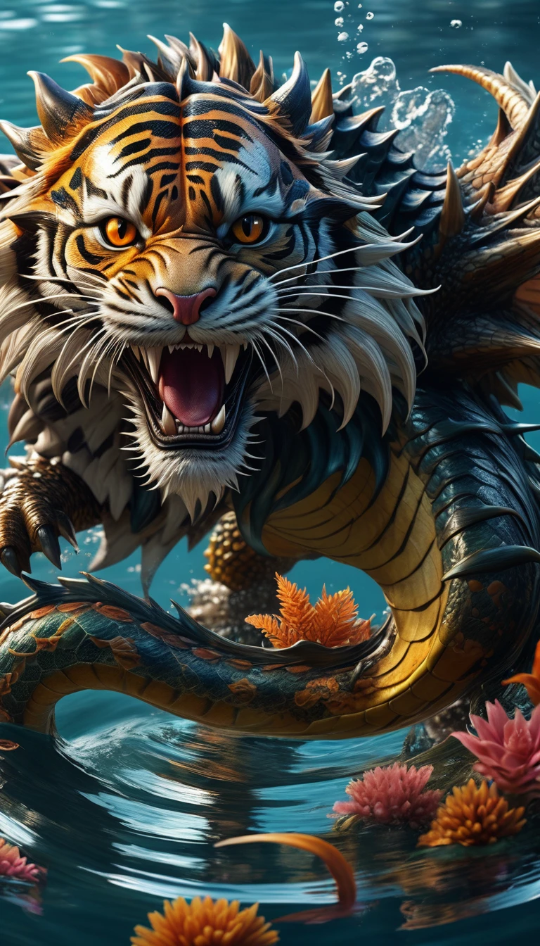 Panorama，A dragon and tiger combination creature in the water(best quality，4K，8k，High level，masterpiece：1.2），Ultra Detailed，（lifelike，Photo real，Photo real：1.37），Highly detailed animals，Complex patterns，Realistic lighting，Fantasy Creatures