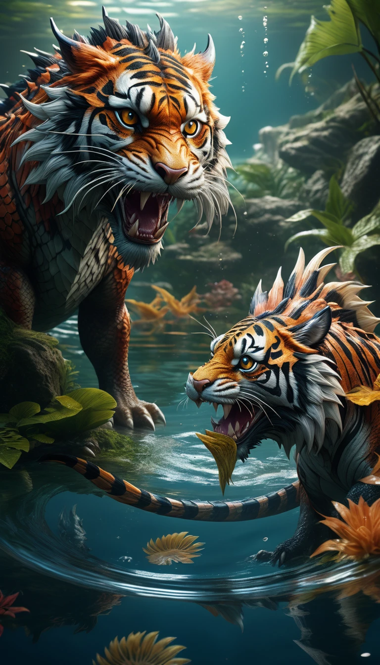 Panorama,A dragon and tiger combination creature in the water(best quality,4K,8k,High level,masterpiece:1.2),Ultra Detailed,(lifelike,Photo real,Photo real:1.37),Highly detailed animals,Complex patterns,Realistic lighting,Fantasy Creatures