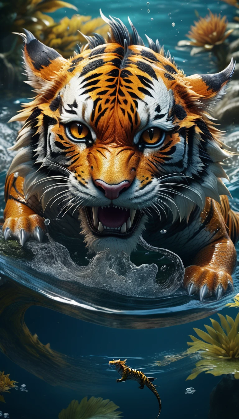 Panorama，A dragon and tiger combination creature in the water(best quality，4K，8k，High level，masterpiece：1.2），Ultra Detailed，（lifelike，Photo real，Photo real：1.37），Highly detailed animals，Complex patterns，Realistic lighting，Fantasy Creatures