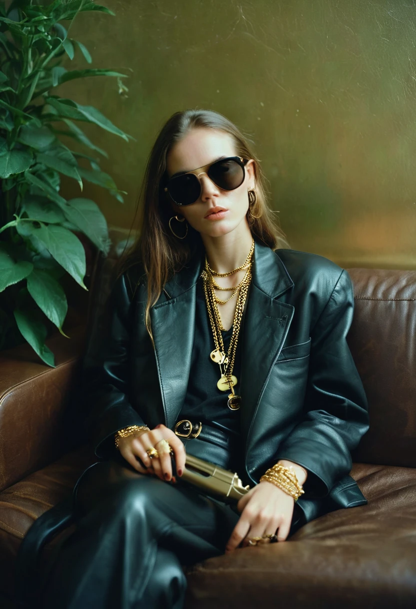 90s woman, gangsta rapper. Boss gangster in sunglasses and gold chain. Hip hop style apparel, lounging on a leather couch. Holding a gun. sleek long hair, oversized clothes, photo depth of field, shadows, grainy, seductive analog lofi (by Oleg Oprisco Laura Makabresku), wall, dimly lit, potted plant
