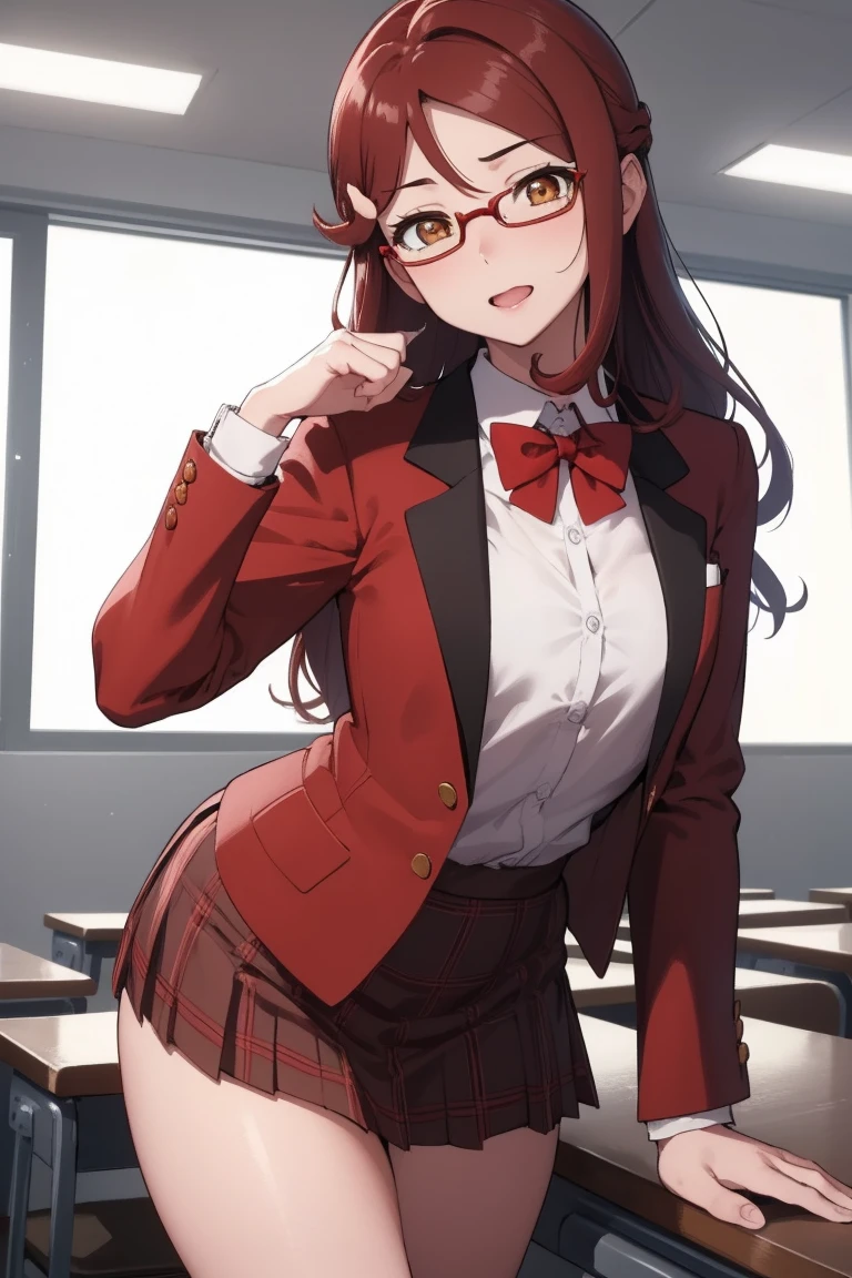 Rikosakurauchi, Riko Sakurauchi, (Brown eyes:1.5), hair between the eyes, by the wide, (Red hair:1.5), ( mom:1.2), 
BREAK glasses, high advanced breeding , jacket de sport, red jacket de sport, bow, bowtie, collar shirt, jacket, long sleeves, pleated skirt, (((lifting her skirt, showing panties, white panties)))
REST looking at the viewer, standing,(from below:1.2), (Leaning forward:1.2), 
break inside, classroom, 
BREAK (masterpiece:1.2), Best Quality, High resolution, unity wallpaper 8k, NSFW,(illustration:0.8), (beautiful detailed eyes:1.6), extremely detailed face, perfect lighting, Extremely detailed CG, (perfect hands, perfect anatomy),