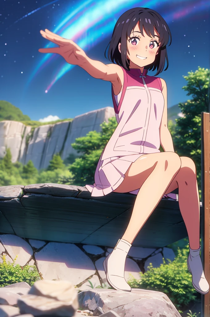shinkai makoto, kimi no na wa., 1girl, bangs, black hair, blush, brown expressive eyes, perfect face, looking at the viewer, pink sleeveless dress, white skirt, short hair, solo, outdoors, shinny skin, smile, cute, grin, night sky, mountains, rocks, sitting, dynamic pose, (masterpiece), best quality
