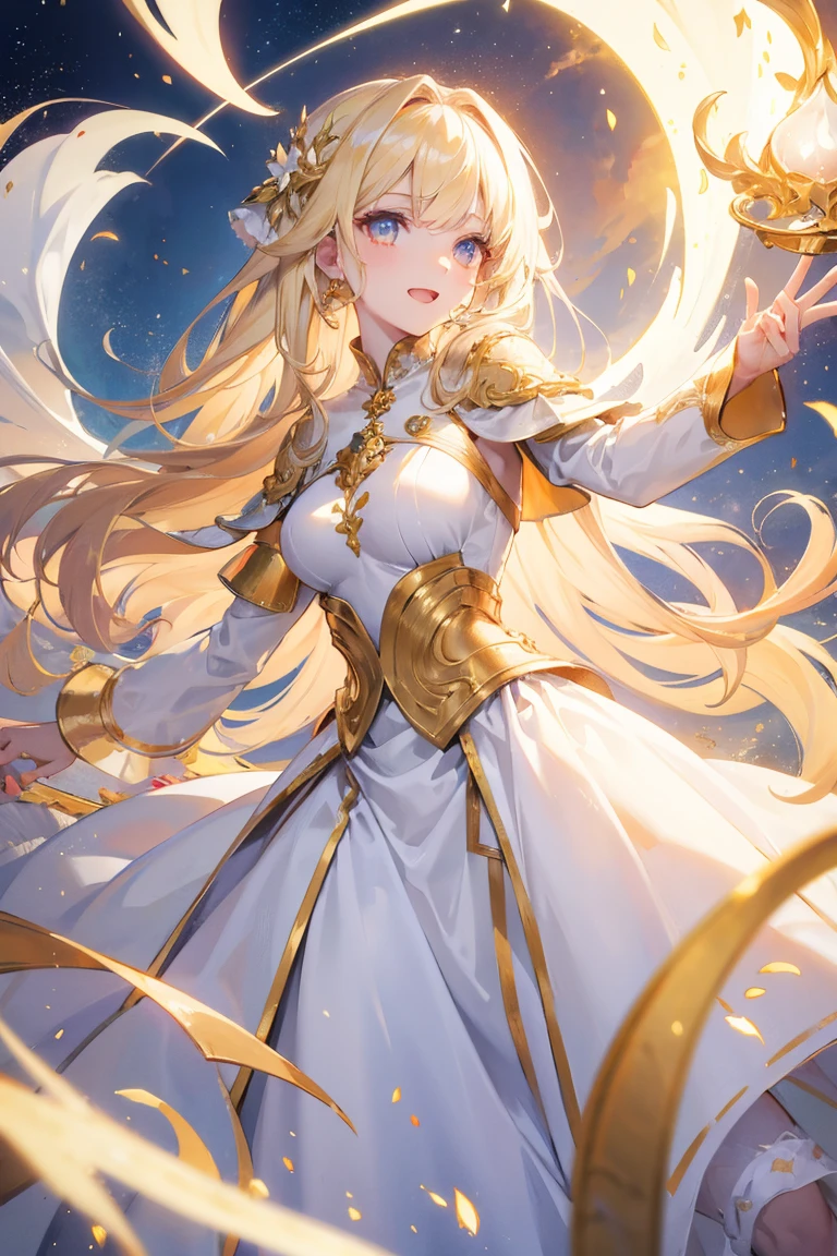 best quality, masterpiece,colorful hair, golden eyes,white clothes, search, blond hair,White skin,laugh,fantasy style dress