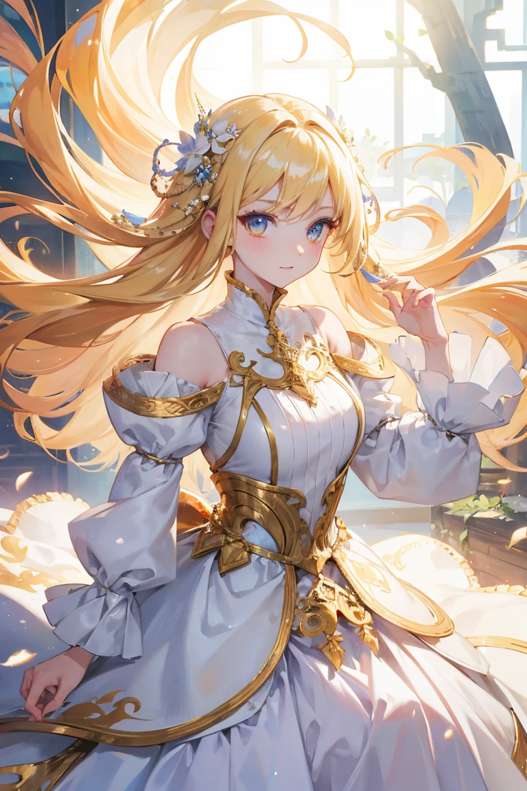 best quality, masterpiece,colorful hair, golden eyes,white clothes, search, blond hair,White skin,laugh,fantasy style dress