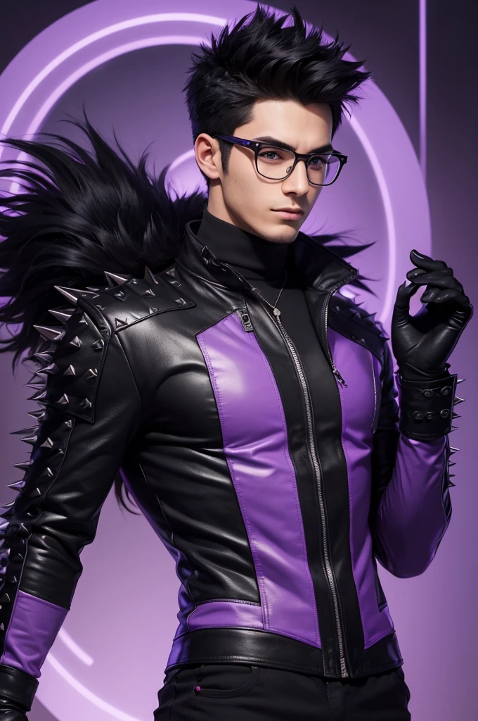 Create a young man of about 26 years old, tall at about 1.96m, muscular, with spiky black hair, wearing a black and purple outfit, a glove with a circle of the infinity symbol, and wearing glasses