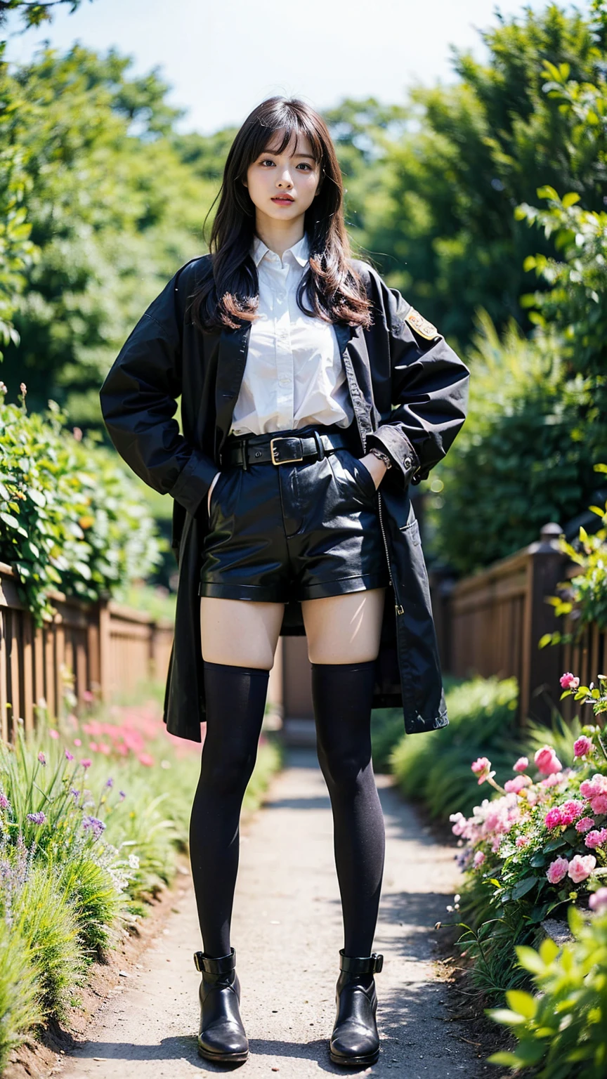 (8k、RAW Photos、Highest quality、masterpiece:1.2)、(Realistic、Realistic)、1 Girl、((coat、Black shorts、Shortcuts、Check shirt、Thin legs、boots、tights、garden、View from the front、Looking at the camera、belt、Hands on your hips))、cute
