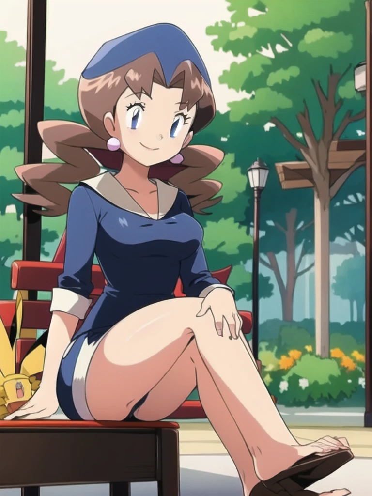 1girl, solo, sitting, smile,looking_down, smile,crossed_legs, masterpiece, high quality, best quality, Caroline_(pokemon)