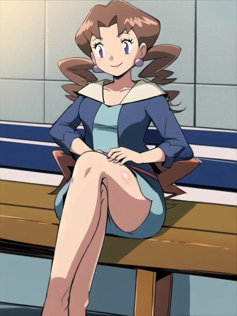 1girl, solo, sitting, smile,looking_down, smile,crossed_legs, masterpiece, high quality, best quality, Caroline_(pokemon)