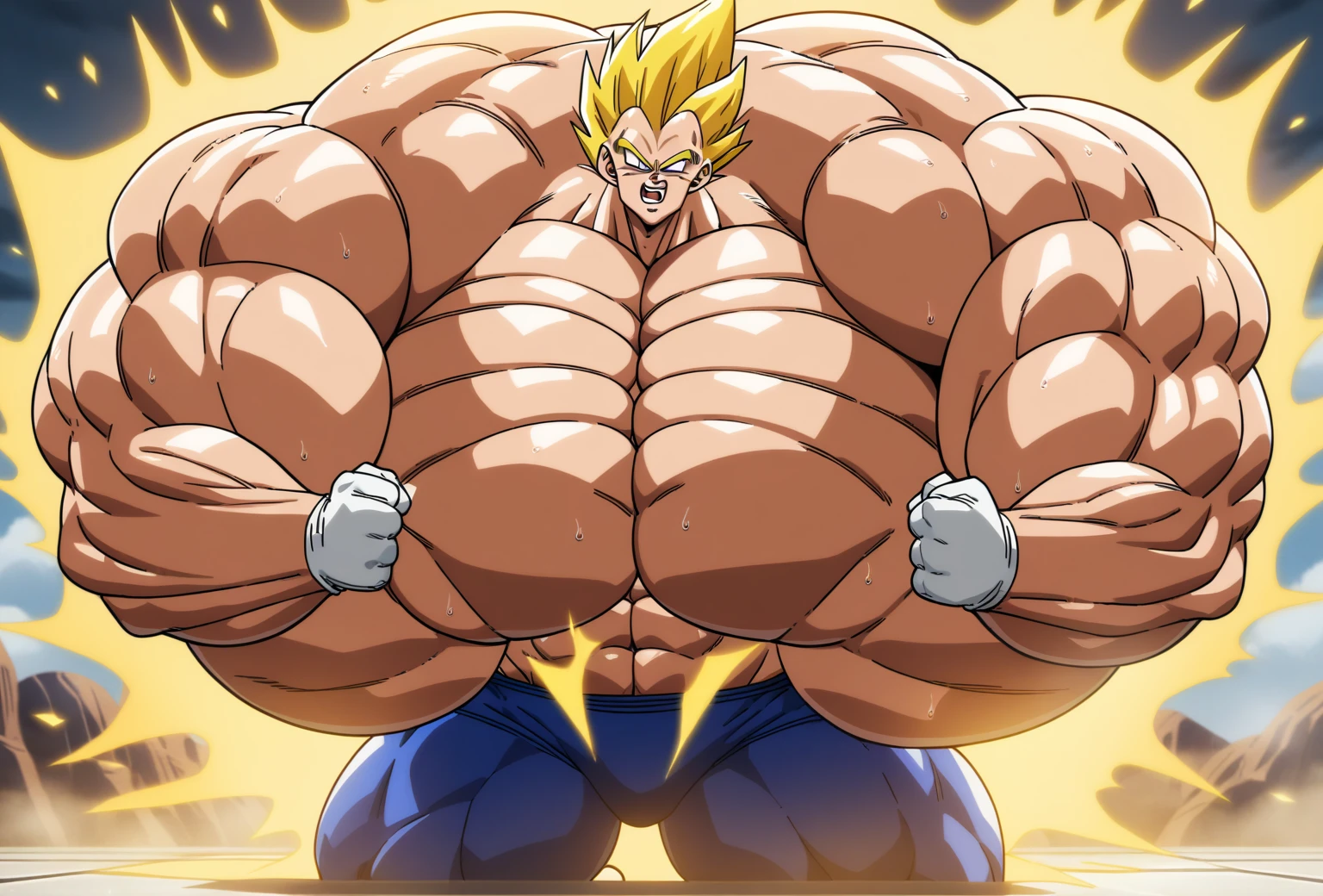 1boy, Vegeta, from Dragon Ball Z, masterpiece, best quality, very aesthetic, absurdres, saiyan, green eyes, spiked hair, (yellow hair:1.5), shirtless, blue skintight pants, white gloves, (huge muscles:2.5), dragonballartstyle, in the style of Akira Toriyama, white tiled floor, outdoors, flat-top mountains, nipples, yellow aura, electricity, white gloves, squeezed fists