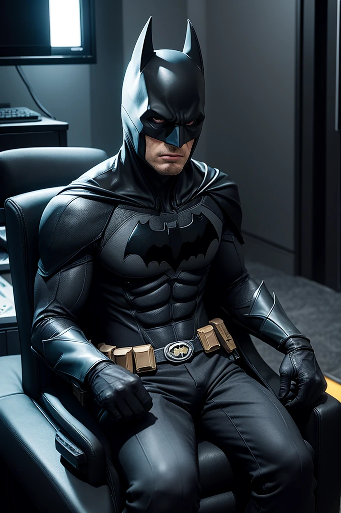 Batman sitting on gaming chair (as if it were a photo of a document)