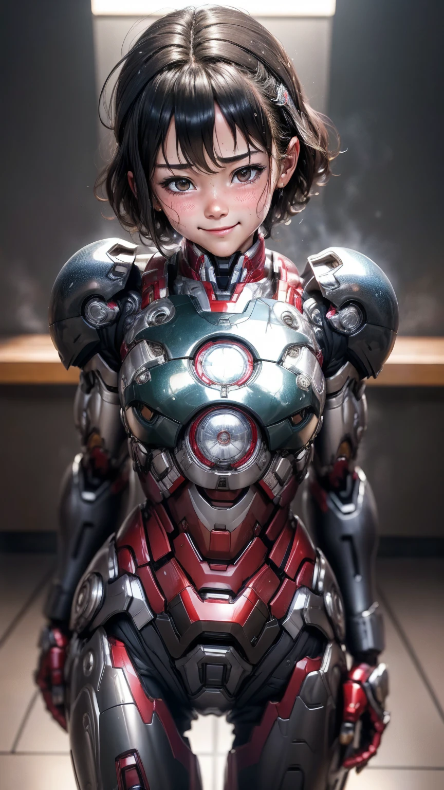 Highest quality　8k Iron Man Suit Girl　Elementary school girl　Sweaty face　Cute Smile　short hair　boyish　Steam coming from the head　My hair is wet with sweat　Black Hair