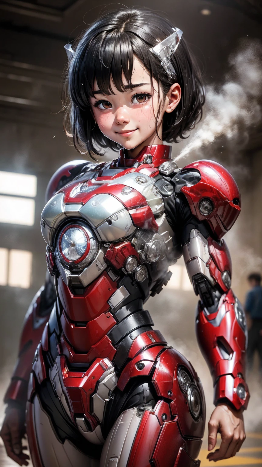 Highest quality　8k Iron Man Suit Girl　Elementary school girl　Sweaty face　Cute Smile　short hair　boyish　Steam coming from the head　My hair is wet with sweat　Black Hair