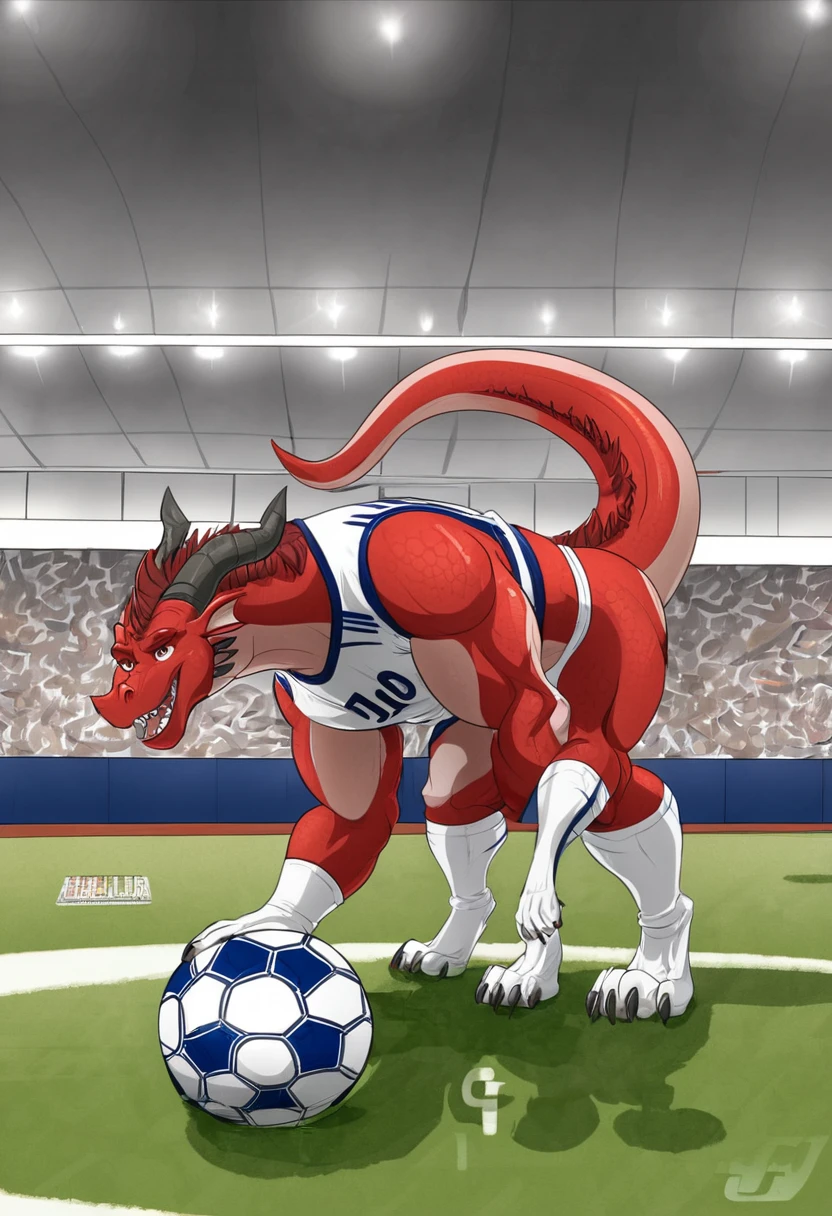 create an image of a dragon on top of a football stadium, with red stands, the dragon being part of the stadium, watching two teams play football, the stands are full.
