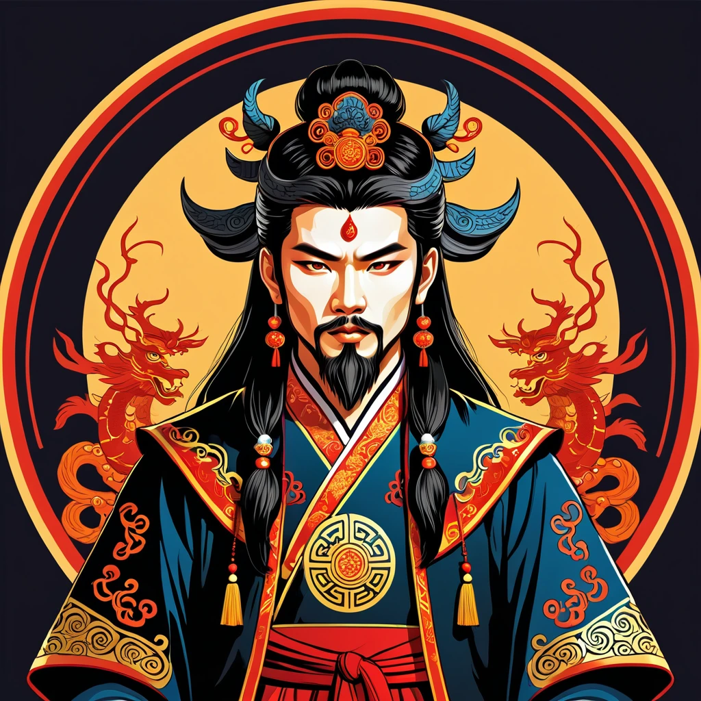 warlock in chinese folk outfit, vector graphics, strong contours