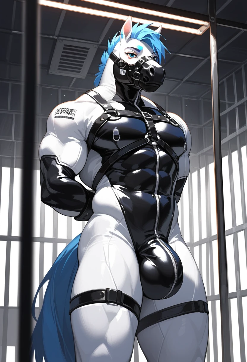 Highest quality, Highest quality, High quality illustrations, masterpiece, Ultra-high resolution, Detailed Background, In the cage, Jail, Absurd, Perfect Anatomy, performance, Good lighting, Shadows in the movies(kemono, Furry Personifi猫ion), horse, Muscle Body, White Rubber Suit, latex, neon, neonライト, neonカラー, Bodysuits, Cyber Suit, cyber punk, Rubber Mask, Harness, Earrings, Huge bulge, Milling machine, Hands restrained behind your back, Dynamic Angle