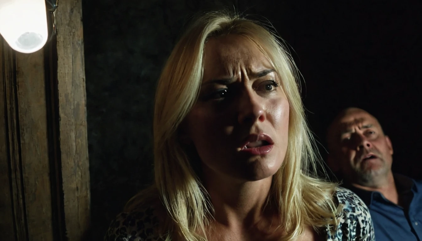 Husband furious with his blonde wife, inside the dark room with little light