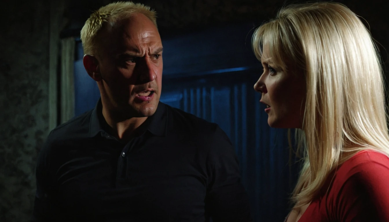 Husband furious with his blonde wife, inside the dark room with little light