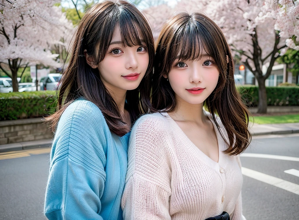 Tabletop, Highest quality, shape, Very detailed, finely, High resolution, 8k wallpaper, Perfect dynamic shape, Finely beautiful eyes, Wearing a pale pink knit,Medium Hair,Natural color lip, smile,harajuku、Teenage Girl、cute、Looking into the camera、flat chest、Brown Hair、The background is a park with cherry blossoms in bloom、Street Snap、Anatomically correct, Ultra high definition, Winner of numerous awards,