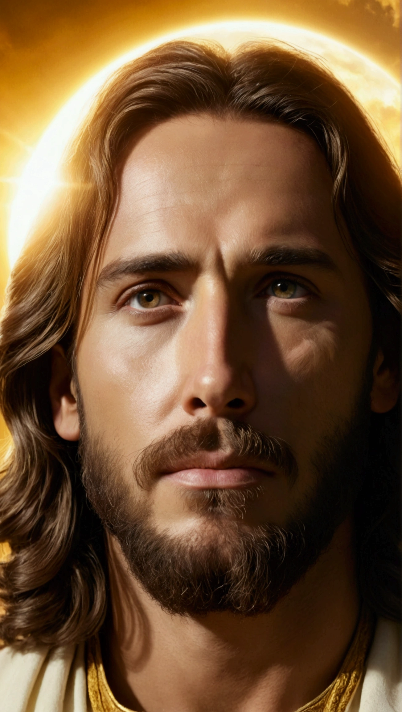 A captivating photograph of Jesus, in a cinematic style, with long wavy hair and a beard, exudes a divine aura, a soft and intense light that seems to emanate from his entire being, outlining his silhouette. Jesus is in heaven, a cosmic and divine environment surrounded by bright clouds. The divine light, with shades of white and gold, contrasts vividly with the surrounding darkness in a panoramic view, creating a halo that softly illuminates the faces of Jesus. .The image is bathed in a soft, golden light, creating a dramatic and moving atmosphere., photographic, panoramic view, cinematic, intricate details, perfect eyes, perfect skin, perfect face, 4k photorealistic, realistic image, dynamic lighting, hyper- Detailed, ultra-realistic and realistic textures, panoramic view.