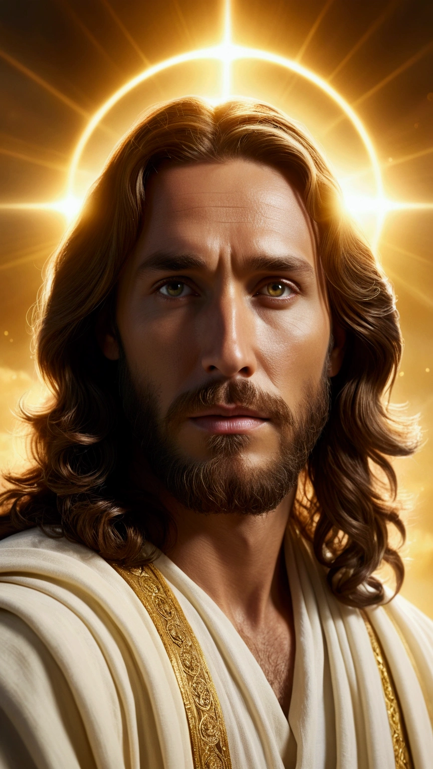 A captivating photograph of Jesus, in a cinematic style, with long wavy hair and a beard, exudes a divine aura, a soft and intense light that seems to emanate from his entire being, outlining his silhouette. Jesus is in heaven, a cosmic and divine environment surrounded by bright clouds. The divine light, with shades of white and gold, contrasts vividly with the surrounding darkness in a panoramic view, creating a halo that softly illuminates the faces of Jesus. .The image is bathed in a soft, golden light, creating a dramatic and moving atmosphere., photographic, panoramic view, cinematic, intricate details, perfect eyes, perfect skin, perfect face, 4k photorealistic, realistic image, dynamic lighting, hyper- Detailed, ultra-realistic and realistic textures, panoramic view.