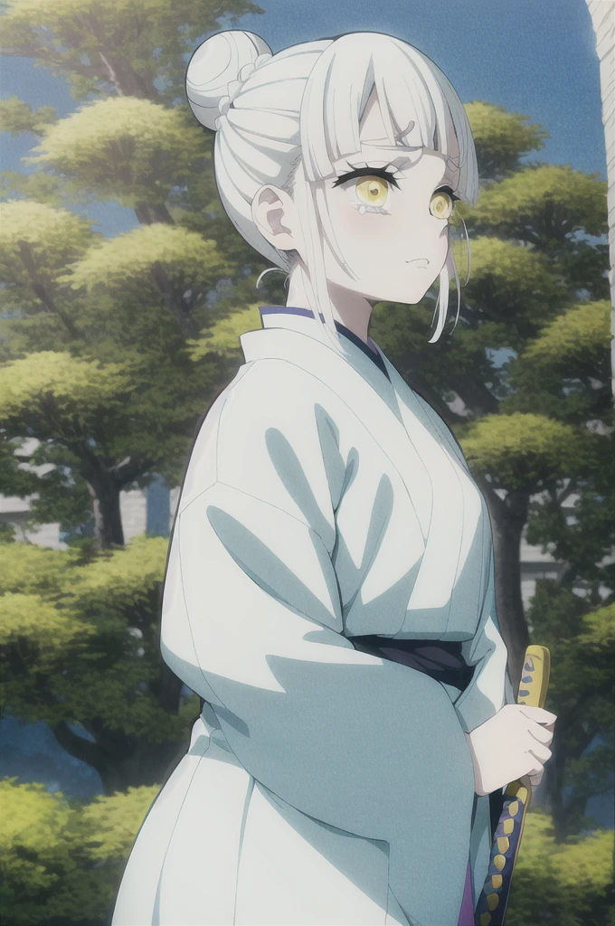 kimetsu no yaiba style, 1girl, white hair in a high bun, demon slayer uniform, solo, yellow eyes, holding a katana ,white hair, white kimono with blue flowers , outdoors, bangs, tree,, anime coloring, ((masterpiece)) , day background , beautiful girl, cute, solo , crying face,((high quality))