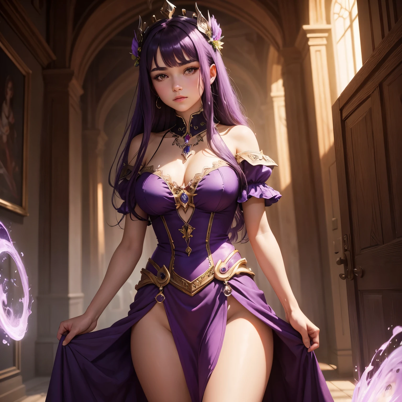 Zerg Queen Beautiful Girl: Lanlinger, 18 years old, with messy dark purple hair, depicted in an oil painting style. She has a beautiful perfect face, soft skin, with light violet and red hues added. Lanlinger is wearing a dark purple dress and is standing, facing the viewer, with a worried look on her cute face. The background is mysterious and magical, capturing the essence of a masterpiece with complex details in 8k resolution.