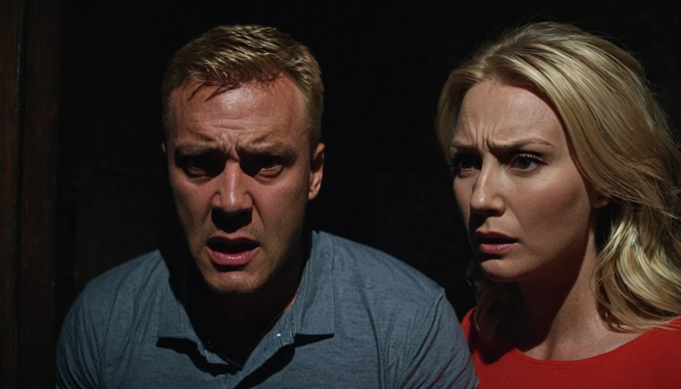 Husband furious with his blonde wife, inside the dark room with little light