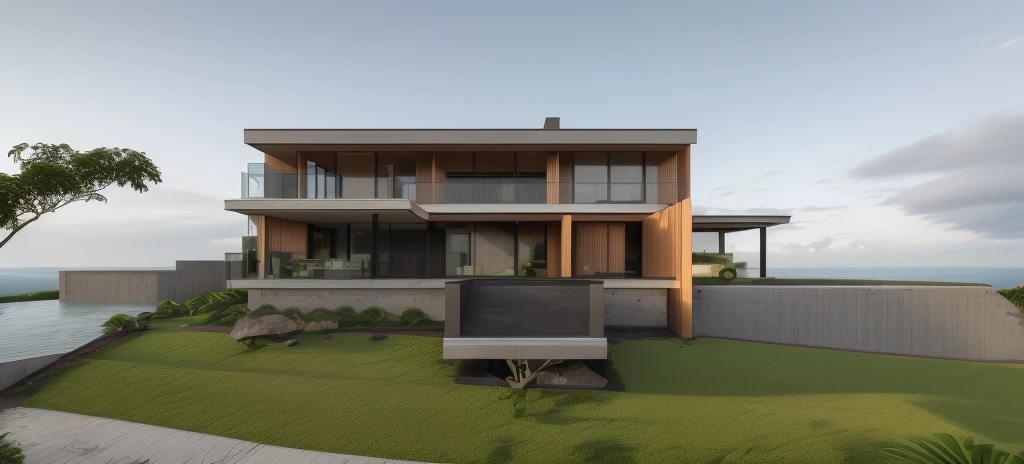 exterior tropical villa, ((half way up the tropical hill)), cladding stone mix with nature wood material, glass rail, glass door, plants on balcony, glass window, ((nice landscape with tropical trees and plants)), green grass, best quality, high quality, master piece, realistic photo, front swimming pool, daylight, sunlight, ((tropical forest in the background))