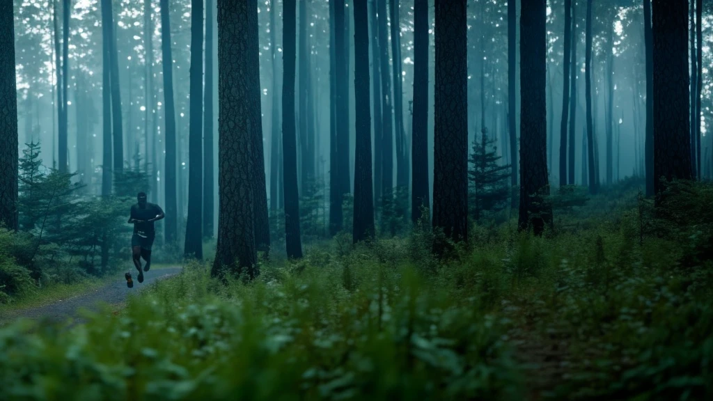a close-up forest, with a blurred, gigantic monster negro running in the background, cinematic 4k rpg game style, flame trailer film