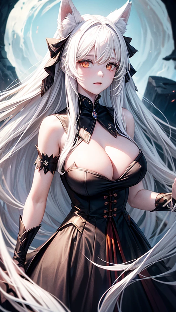Queen white wolf woman, wearing a black dress with bows, has long, messy white hair, has red-orange eyes, has a big breast, has wolf ears and a wolf tail.