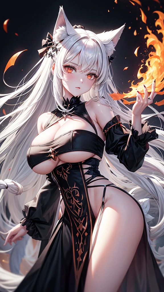 Queen white wolf woman, wearing a black dress with bows, has long, messy white hair, has red-orange eyes, has a big breast, has wolf ears and a wolf tail.