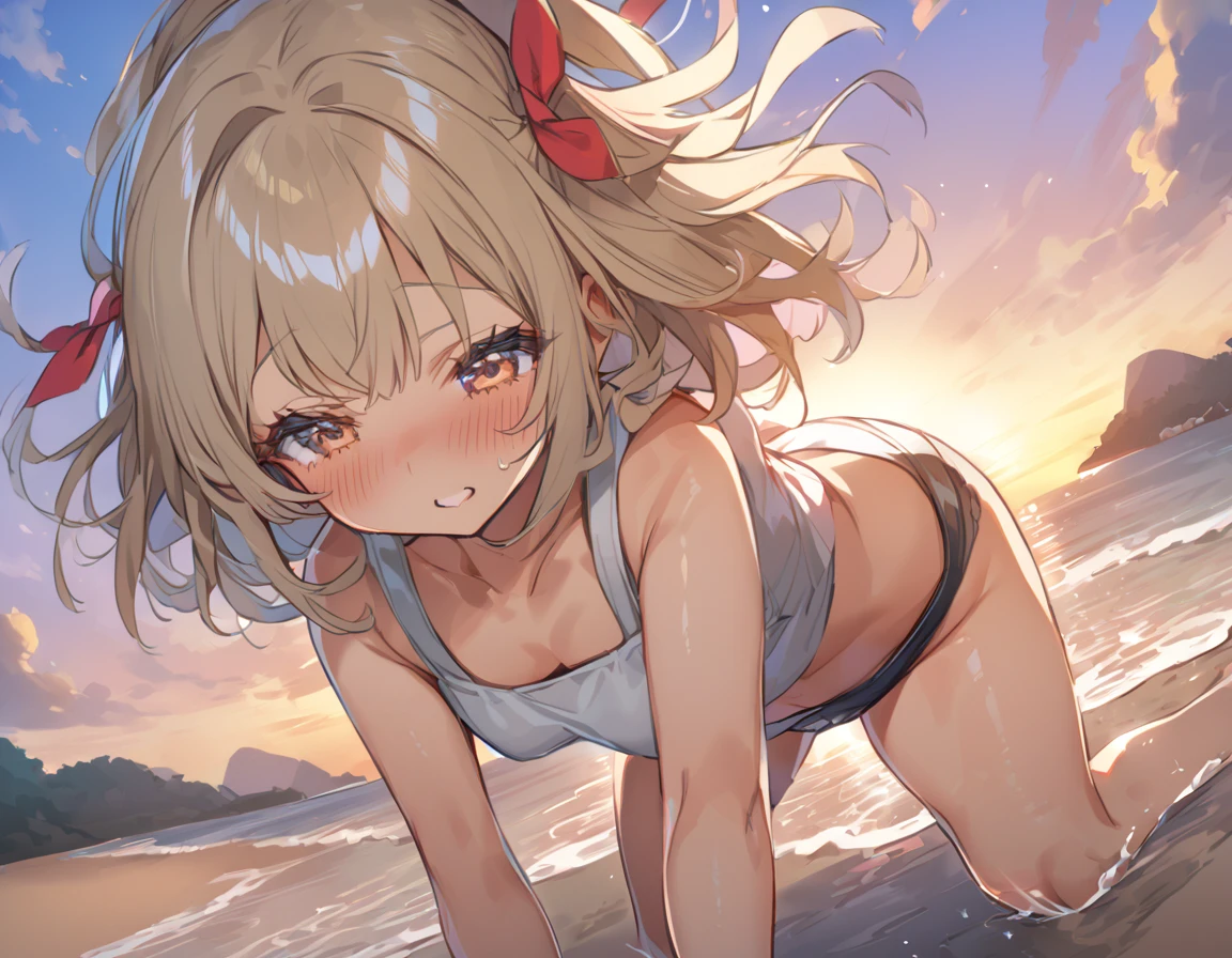 One cute girl with big asturbation in cowgirl position、Rubbing your with your left hand、Playing with the mansuji with the right hand、Deserted island at sunset