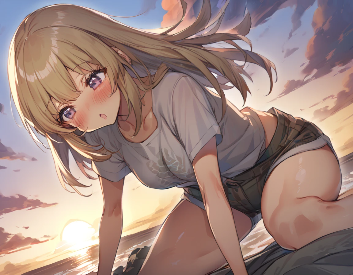 One cute girl with big asturbation in cowgirl position、Rubbing your with your left hand、Playing with the mansuji with the right hand、Deserted island at sunset