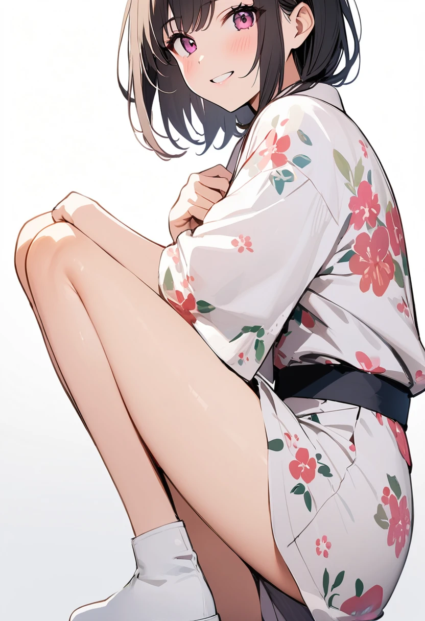 (masterpiece:1.2),Highest quality,Pixiv ,One girl,alone,View your viewers,,smile,White background only,whole body,From the side,One knee,,Look to the side、white background only、yukata,、No background