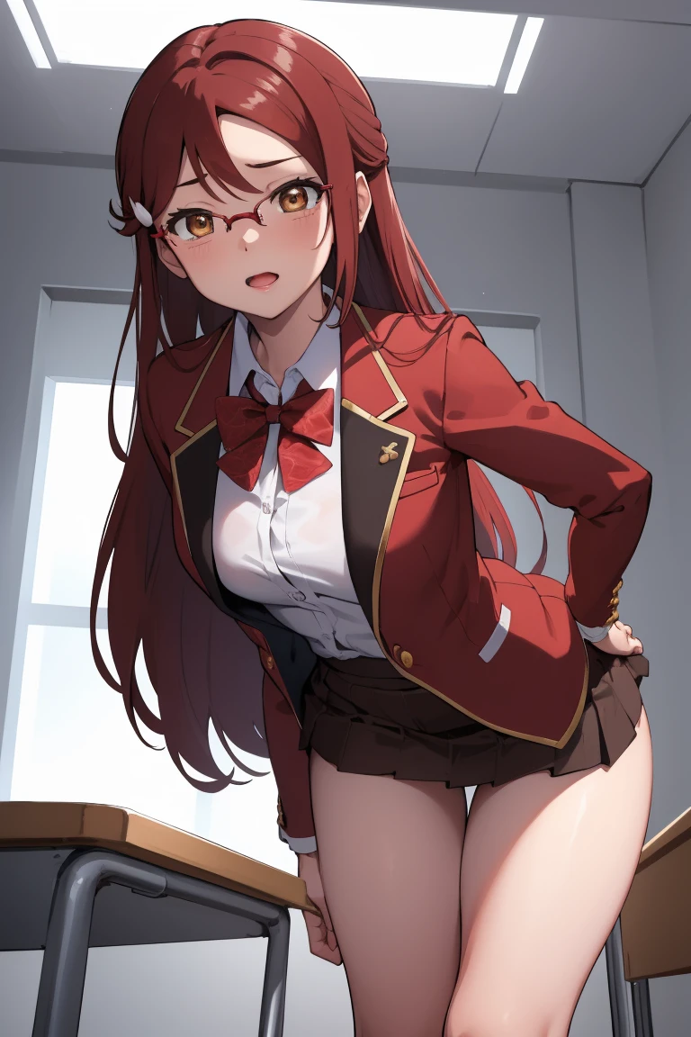 Rikosakurauchi, Riko Sakurauchi, (Brown eyes:1.5), hair between the eyes, by the wide, (Red hair:1.5), ( mom:1.2), 
BREAK glasses, high advanced breeding , jacket de sport, red jacket de sport, bow, bowtie, collar shirt, jacket, long sleeves, pleated skirt, lifting her skirt, showing panties, white panties,
REST looking at the viewer, standing,(from below:1.2), (Leaning forward:1.2), 
break inside, classroom, 
BREAK (masterpiece:1.2), Best Quality, High resolution, unity wallpaper 8k, NSFW,(illustration:0.8), (beautiful detailed eyes:1.6), extremely detailed face, perfect lighting, Extremely detailed CG, (perfect hands, perfect anatomy),