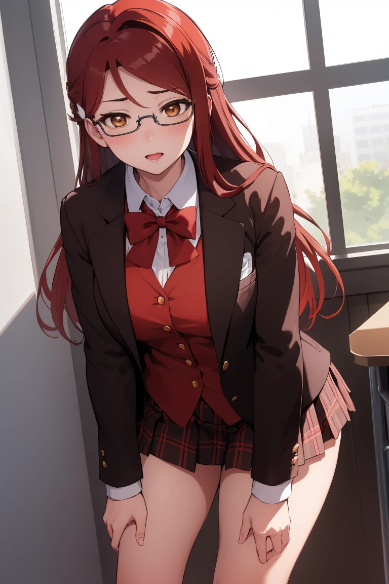 Rikosakurauchi, Riko Sakurauchi, (Brown eyes:1.5), hair between the eyes, by the wide, (Red hair:1.5), (Little mom:1.2), 
BREAK glasses, high advanced breeding , jacket de sport, red jacket de sport, bow, bowtie, collar shirt, jacket, long sleeves, pleated skirt, lifting her skirt, showing panties, white panties,
REST looking at the viewer, standing,(from below:1.2), (Leaning forward:1.2), 
break inside, classroom, 
BREAK (masterpiece:1.2), Best Quality, High resolution, unity wallpaper 8k, NSFW,(illustration:0.8), (beautiful detailed eyes:1.6), extremely detailed face, perfect lighting, Extremely detailed CG, (perfect hands, perfect anatomy),