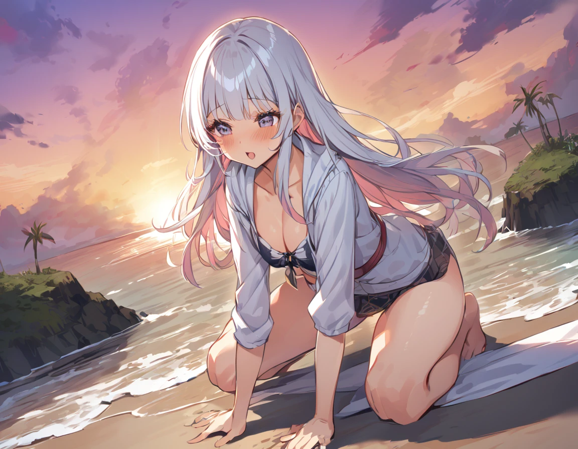 One cute girl with big asturbation in cowgirl position、Rubbing your with your left hand、Playing with the mansuji with the right hand、Deserted island at sunset