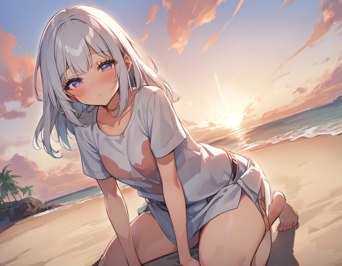 One cute girl with big asturbation in cowgirl position、Rubbing your with your left hand、Playing with the mansuji with the right hand、Deserted island at sunset