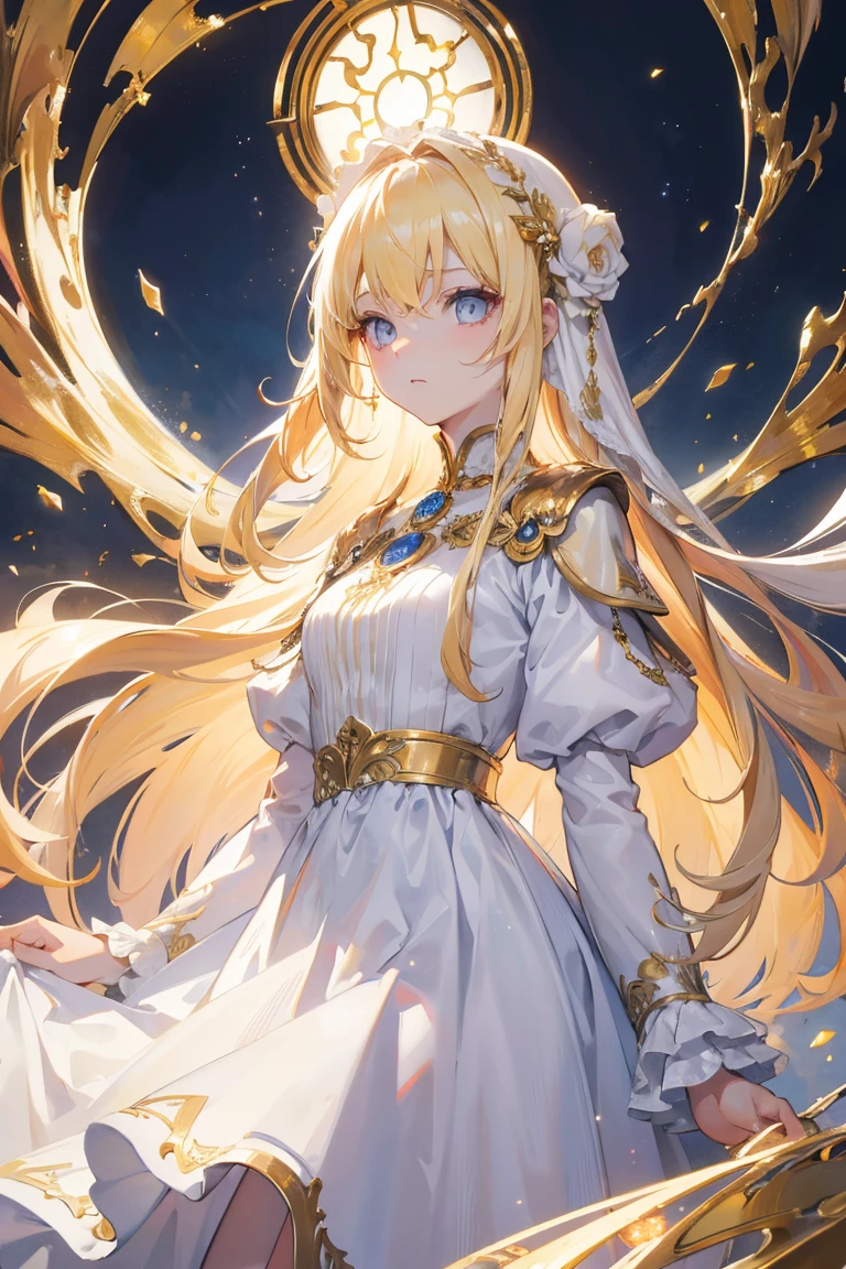 best quality, masterpiece,colorful hair, golden eyes,white clothes, search, blond hair,White skin,depressed,fantasy style dress