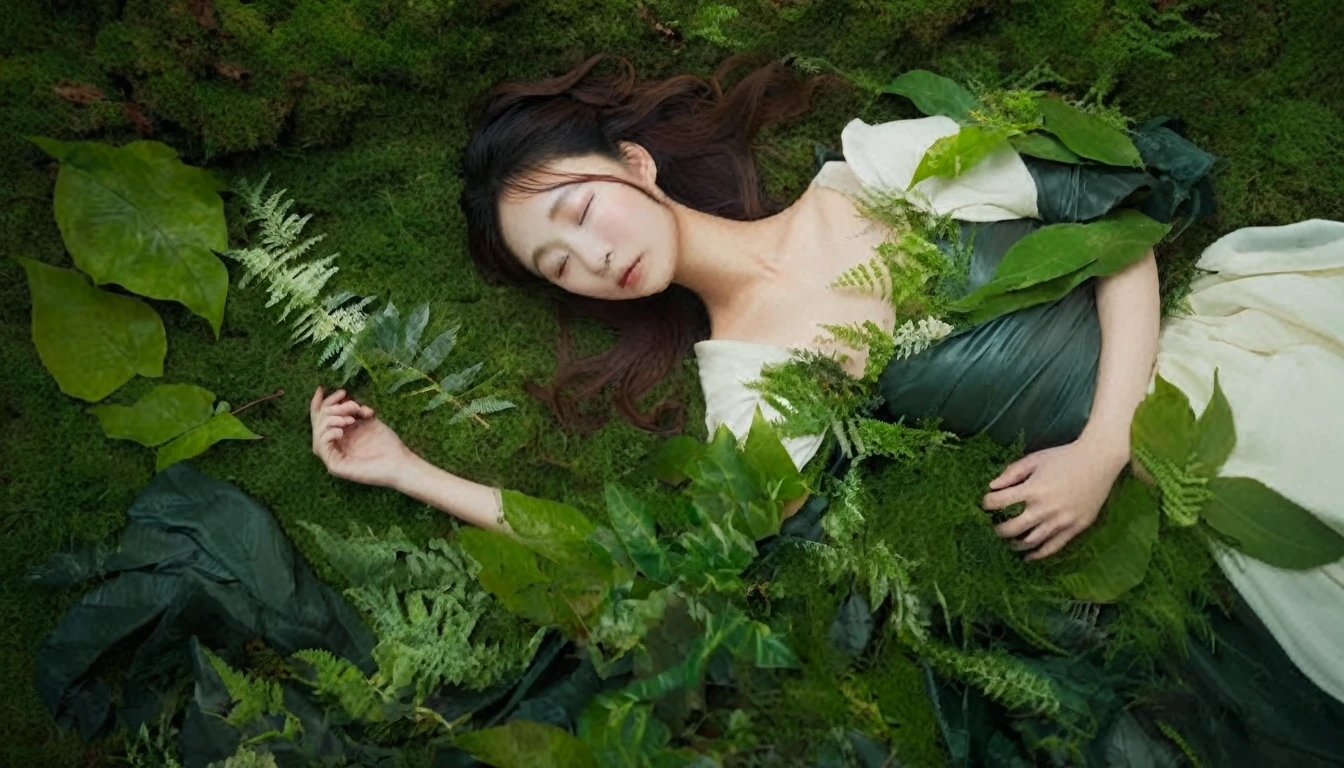 Sleeping in a forest of lush grass and leaves,Angelic Japanese woman, Realistic photos, Professional photos, ((Overlooking,A hazy atmosphere))