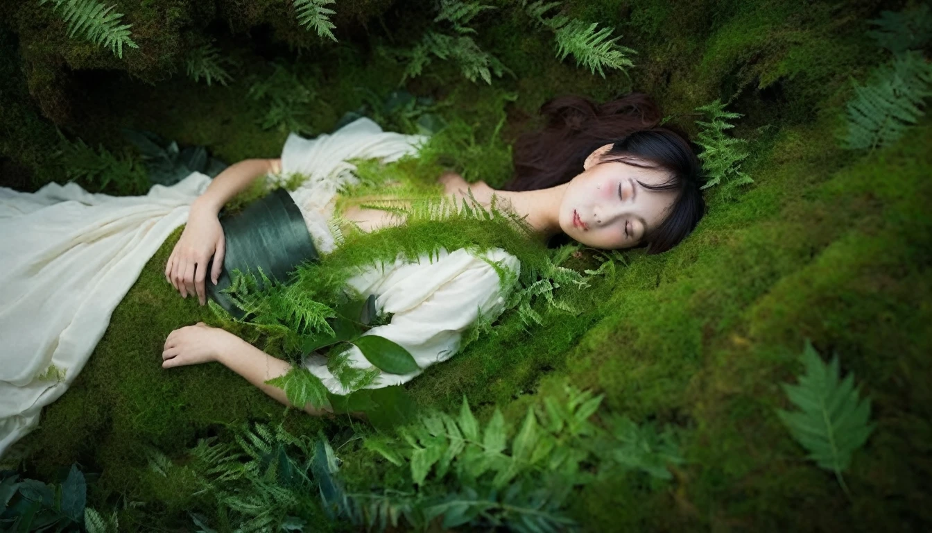 Sleeping in a forest of lush grass and leaves,Angelic Japanese woman, Realistic photos, Professional photos, ((Overlooking,A hazy atmosphere))