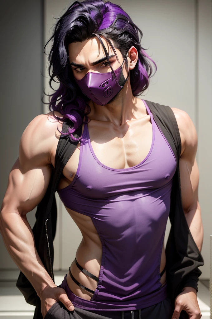 
A young man has wavy black hair with hot pink and purple tips and wears a tank top and a mask that only covers his neck. 