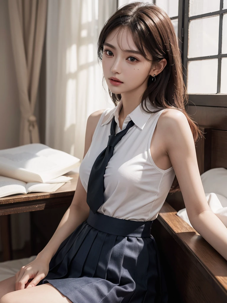 absurdres, RAW photo, extremely delicate and beautiful, masterpiece, Best Quality, ultra high resolution, 32k, hyperrealistic, ultra-detailed, perfect anatomy, super Detailed skin, perfect figure, Super Beauty, Perfect Style, Perfect balance, Beautiful Lighting, Perfect Lightning, Realistic Shadows, 20 years old, very Slim body, narrow waist, very small head, very small face, delicate facial features, handsome detailed woman, very detailed eyes and face, realistic face proportions, Realistic beautiful face, Realistic beautiful eyes, tearful mole, earring, very huge round breasts, legs, medium hair, asymmetrical hair, (full_body_shot:1.2), indoor, (school_uniform:1.2), sleeveless,