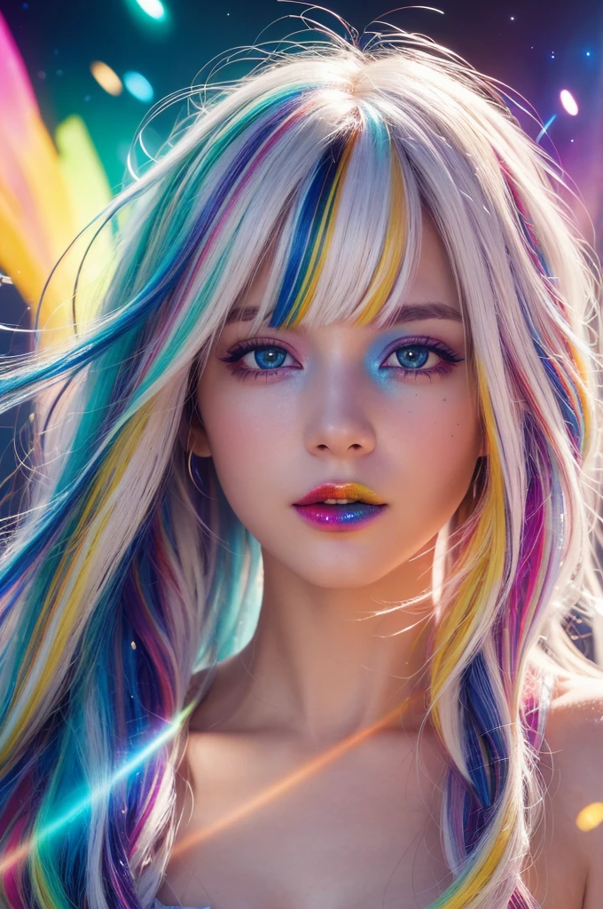 Highest quality, Ultra-high definition CG Unity 8K wallpaper, Cinematography Lighting, Lens flare, Beautiful details in the eyes, white hair color, Colorful light, particle, Heterochromia iridis, (Very colorful:1.5), (Colorful Hair:1.5)