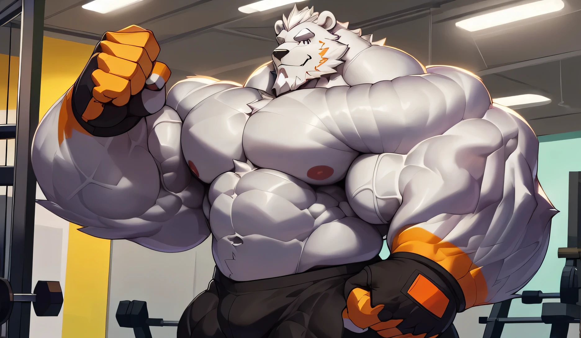 solo, 1boy, Huge Muscular White Polar Bear, huge white fur, pectoral, huge pectoral, wide pectoral, short white hair, ((really big muscle, massive muscular, sixpack, huge fluffy white fur, thick arms, wide pectoral, super huge muscle, hyper muscular, over sized muscle, huge arms, big arms, huge pectoral)), black gym shorts, black wristbands, fingerless gloves and shirtless and topless, white bearded, white Mustache, white fur, grey eyebrows, gym fitness center background, masterpiece, high detailed, 8k, high resolution, at the gym, flexes huge thorax, looking at the viewer, acting all hunk