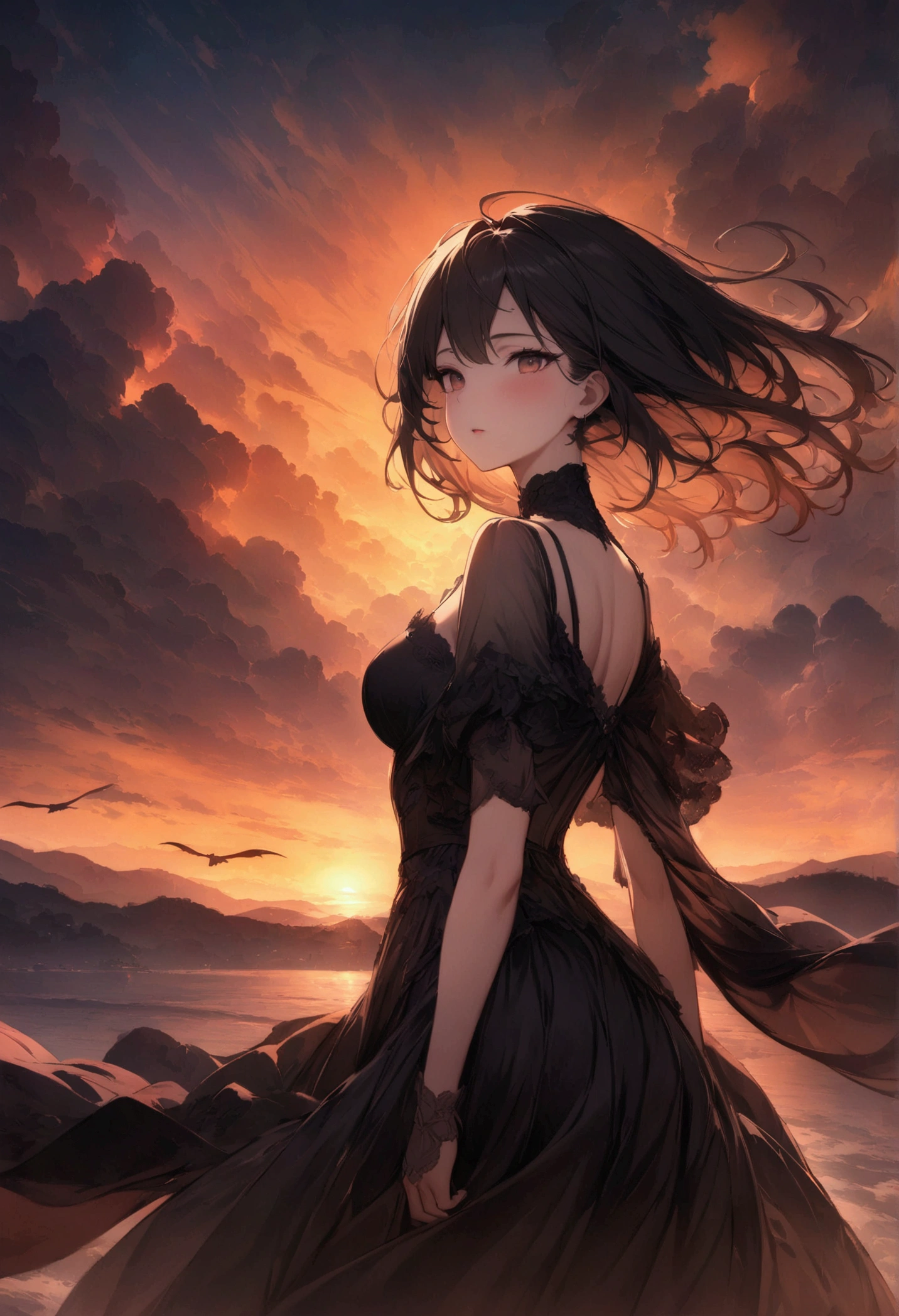((masterpiece, Highest quality, High resolution)), ((Highly detailed CG integrated 8K wallpaper)), There is a plane flying in the sky at sunset, Cloudy sunset, The sun rising in the sky is strong, moody Sunset in the background, It's an orange-tinted sky outside, Sunset under cloudy sky, sky setting, Sunset in the background, dusk Sunset in the background, It&#39;s sunset, Sunset in the background, Background Sky, Background Sky, Dramatic Sky