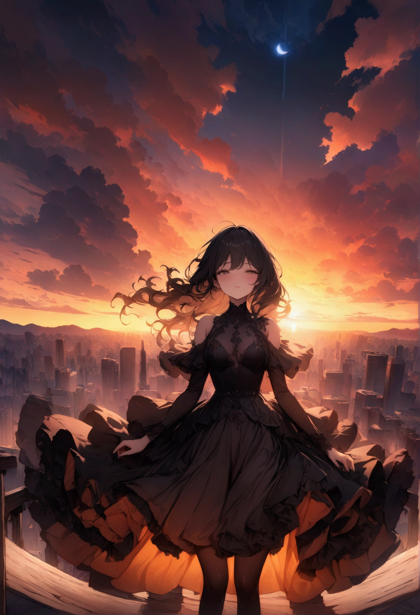 ((masterpiece, Highest quality, High resolution)), ((Highly detailed CG integrated 8K wallpaper)), There is a plane flying in the sky at sunset, Cloudy sunset, The sun rising in the sky is strong, moody Sunset in the background, It's an orange-tinted sky outside, Sunset under cloudy sky, sky setting, Sunset in the background, dusk Sunset in the background, It&#39;s sunset, Sunset in the background, Background Sky, Background Sky, Dramatic Sky